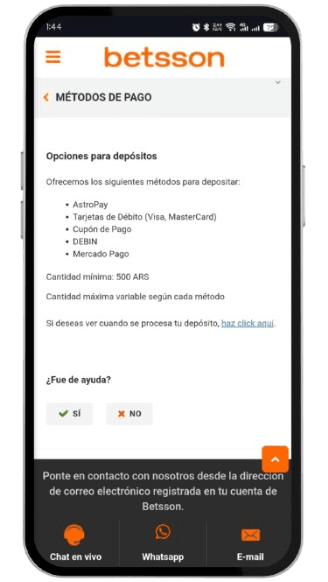 Betsson CABA Métodos de Pago